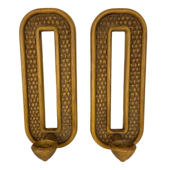 Vintage Homco Candle Wall Sconces Set Of 2 Brown Plastic Wood Grain Basketweave - Picture 7 of 7